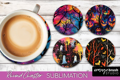 Neon Halloween Coasters - Spooky Round Coaster Sublimation Sublimation OrangeBrushStudio 