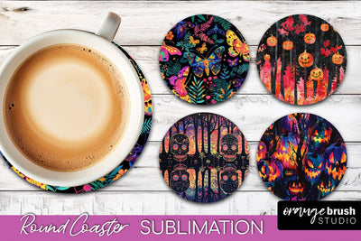 Neon Halloween Coasters - Spooky Round Coaster Sublimation Sublimation OrangeBrushStudio 