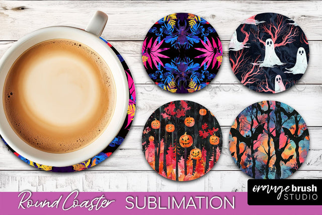 Neon Halloween Coasters - Spooky Round Coaster Sublimation Sublimation OrangeBrushStudio 