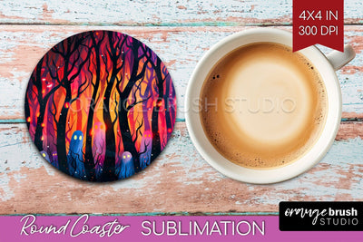 Neon Halloween Coasters - Spooky Round Coaster Sublimation Sublimation OrangeBrushStudio 