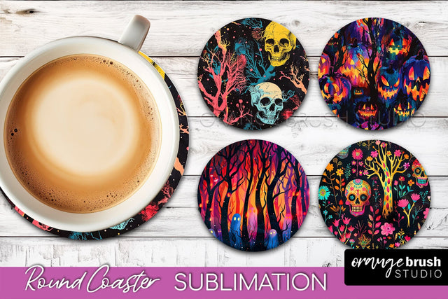 Neon Halloween Coasters - Spooky Round Coaster Sublimation Sublimation OrangeBrushStudio 