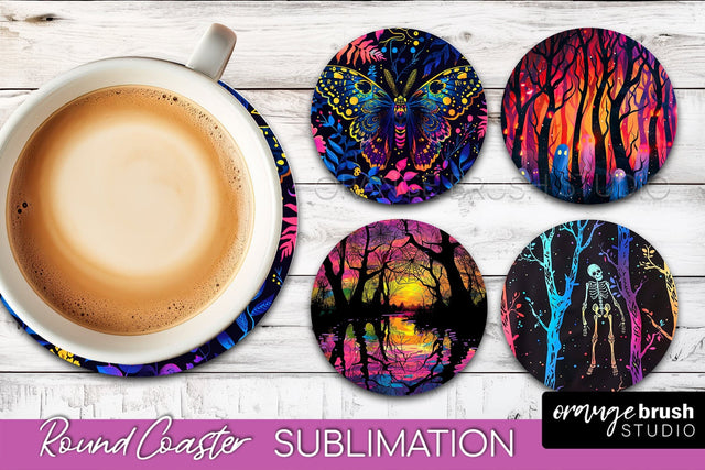 Neon Halloween Coasters - Spooky Round Coaster Sublimation Sublimation OrangeBrushStudio 
