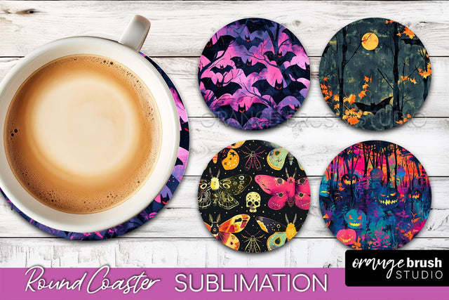 Neon Halloween Coasters - Spooky Round Coaster Sublimation Sublimation OrangeBrushStudio 