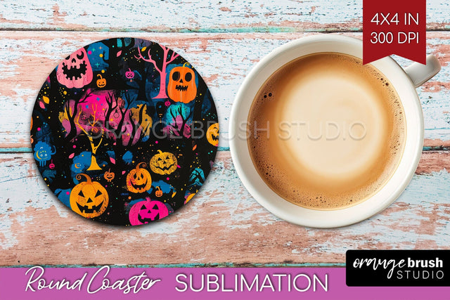 Neon Halloween Coasters - Spooky Round Coaster Sublimation Sublimation OrangeBrushStudio 