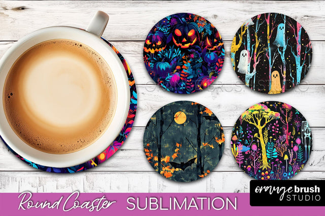 Neon Halloween Coasters - Spooky Round Coaster Sublimation Sublimation OrangeBrushStudio 