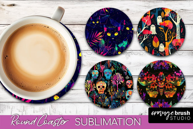 Neon Halloween Coasters - Spooky Round Coaster Sublimation Sublimation OrangeBrushStudio 