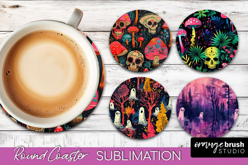 Neon Halloween Coasters - Spooky Round Coaster Sublimation Sublimation OrangeBrushStudio 