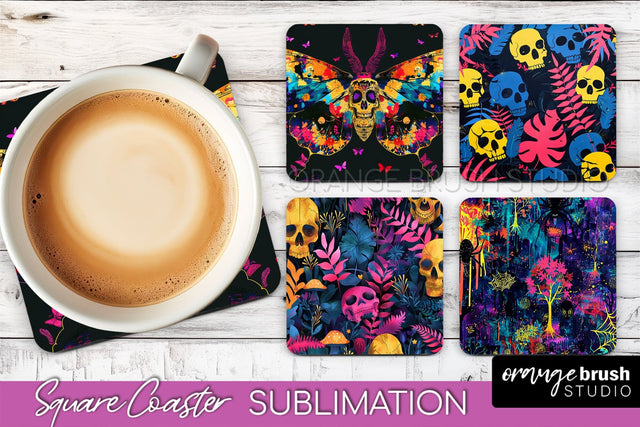 Neon Halloween Coasters - Spooky Square Coaster Sublimation Sublimation OrangeBrushStudio 