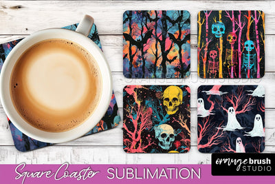 Neon Halloween Coasters - Spooky Square Coaster Sublimation Sublimation OrangeBrushStudio 