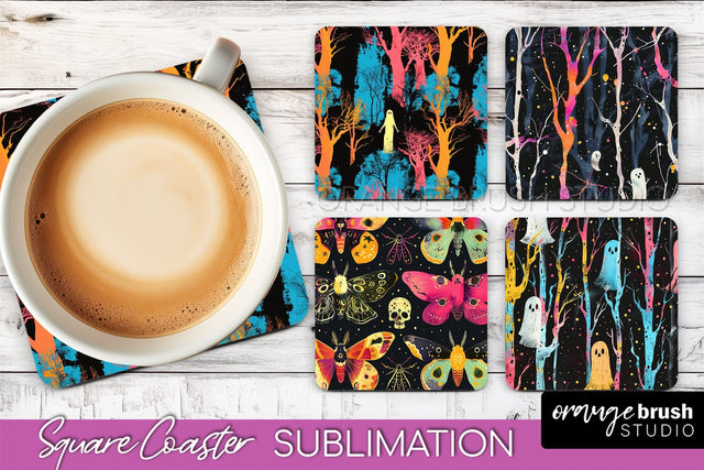 Neon Halloween Coasters - Spooky Square Coaster Sublimation Sublimation OrangeBrushStudio 
