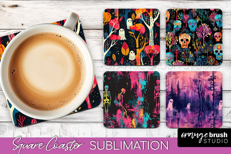 Neon Halloween Coasters - Spooky Square Coaster Sublimation Sublimation OrangeBrushStudio 