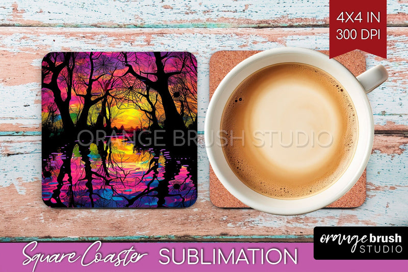 Neon Halloween Coasters - Spooky Square Coaster Sublimation Sublimation OrangeBrushStudio 