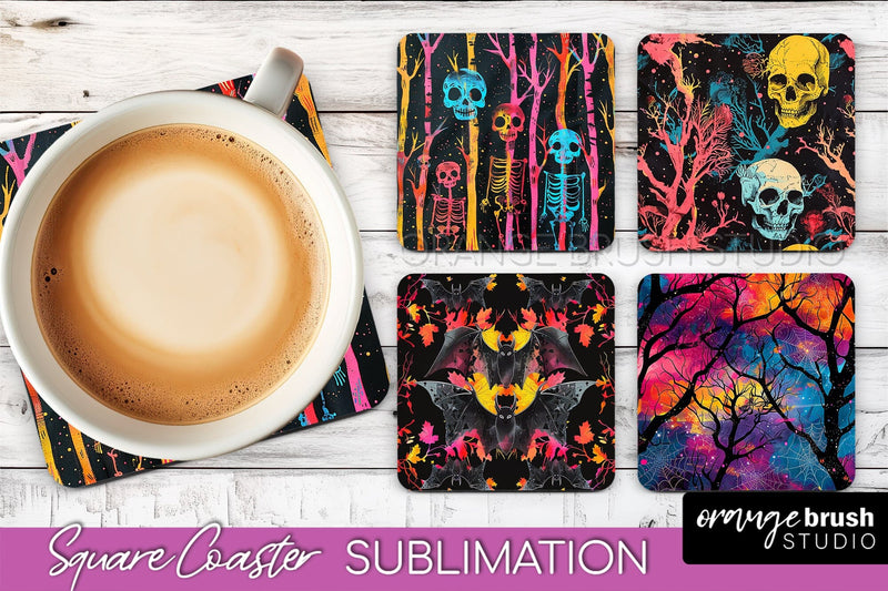 Neon Halloween Coasters - Spooky Square Coaster Sublimation Sublimation OrangeBrushStudio 