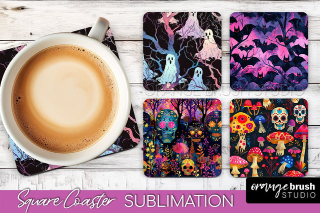 Neon Halloween Coasters - Spooky Square Coaster Sublimation Sublimation OrangeBrushStudio 