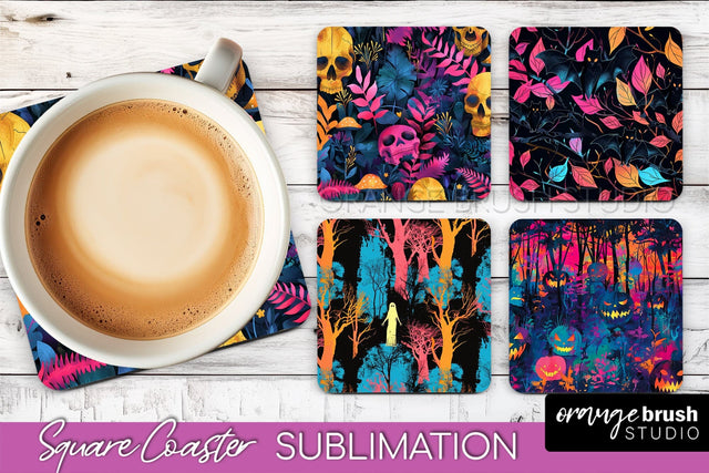 Neon Halloween Coasters - Spooky Square Coaster Sublimation Sublimation OrangeBrushStudio 