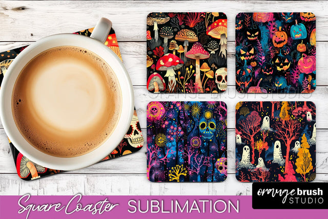 Neon Halloween Coasters - Spooky Square Coaster Sublimation Sublimation OrangeBrushStudio 