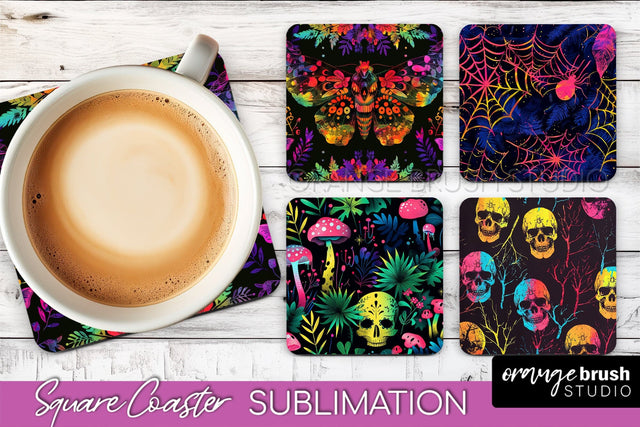 Neon Halloween Coasters - Spooky Square Coaster Sublimation Sublimation OrangeBrushStudio 