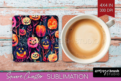 Neon Halloween Coasters - Spooky Square Coaster Sublimation Sublimation OrangeBrushStudio 