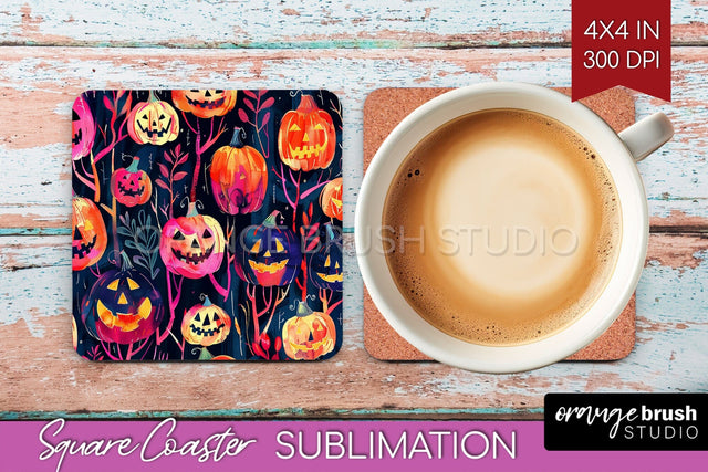 Neon Halloween Coasters - Spooky Square Coaster Sublimation Sublimation OrangeBrushStudio 