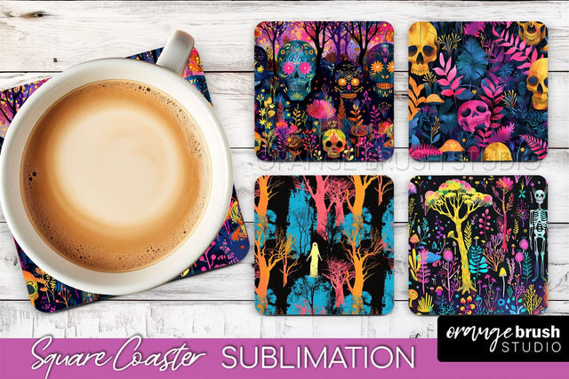 Neon Halloween Coasters - Spooky Square Coaster Sublimation Sublimation OrangeBrushStudio 