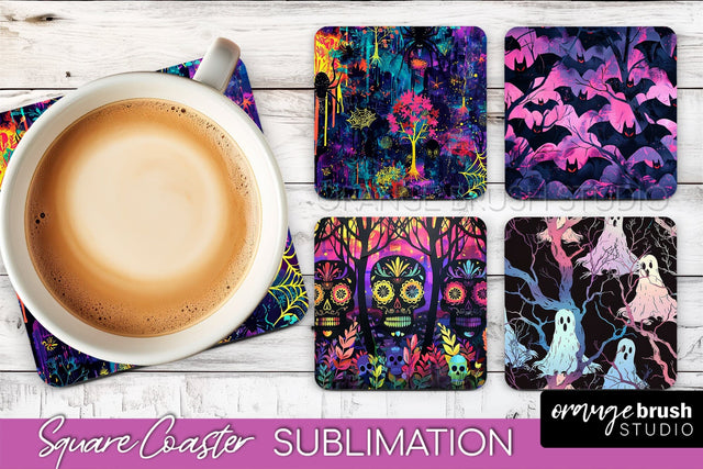 Neon Halloween Coasters - Spooky Square Coaster Sublimation Sublimation OrangeBrushStudio 
