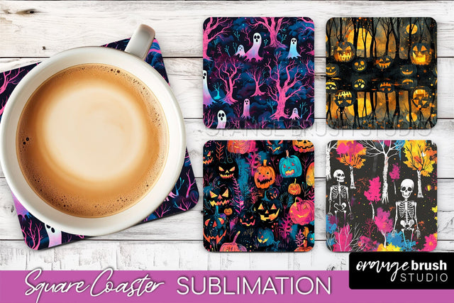 Neon Halloween Coasters - Spooky Square Coaster Sublimation Sublimation OrangeBrushStudio 