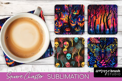 Neon Halloween Coasters - Spooky Square Coaster Sublimation Sublimation OrangeBrushStudio 