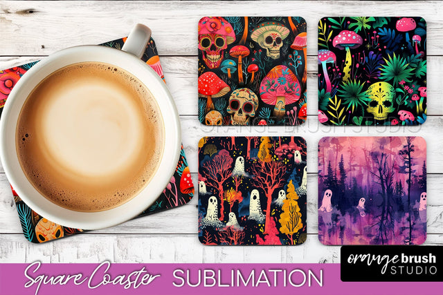 Neon Halloween Coasters - Spooky Square Coaster Sublimation Sublimation OrangeBrushStudio 