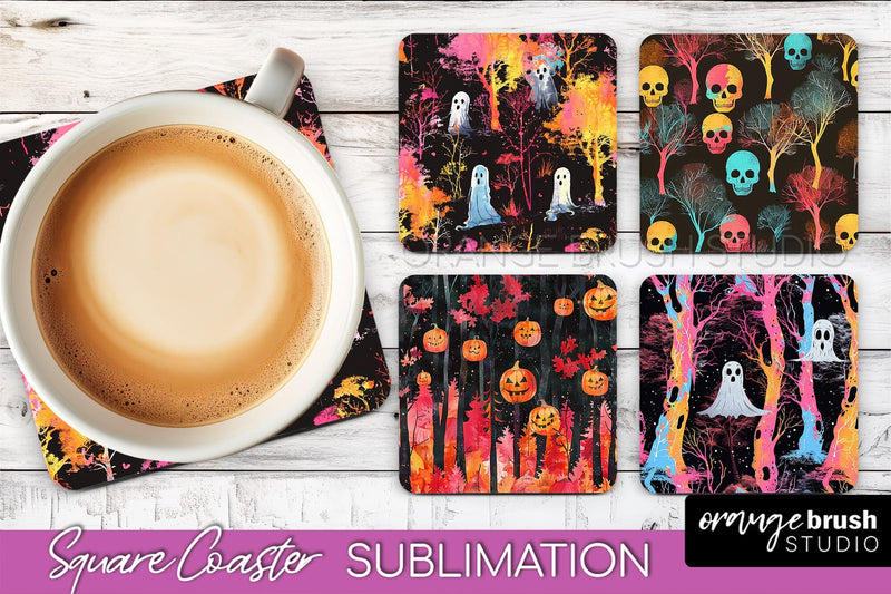 Neon Halloween Coasters - Spooky Square Coaster Sublimation Sublimation OrangeBrushStudio 