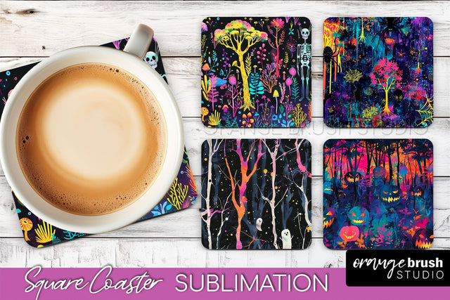 Neon Halloween Coasters - Spooky Square Coaster Sublimation Sublimation OrangeBrushStudio 