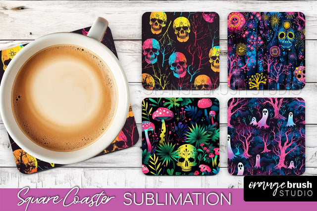 Neon Halloween Coasters - Spooky Square Coaster Sublimation Sublimation OrangeBrushStudio 