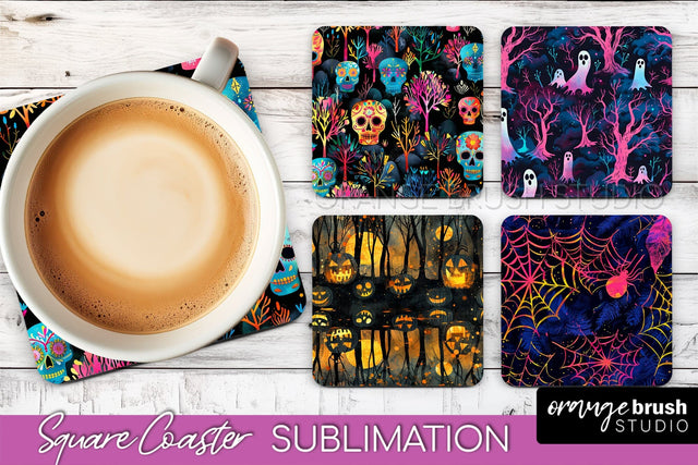 Neon Halloween Coasters - Spooky Square Coaster Sublimation Sublimation OrangeBrushStudio 