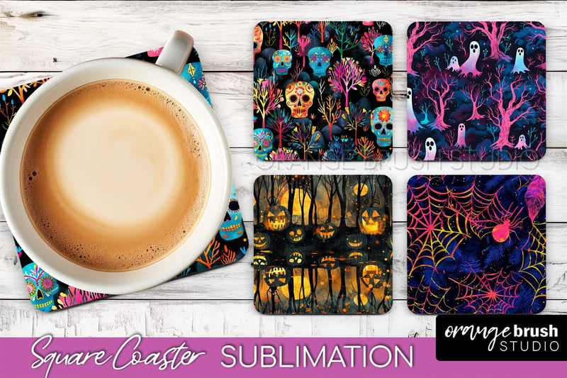Neon Halloween Coasters - Spooky Square Coaster Sublimation Sublimation OrangeBrushStudio 