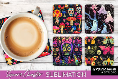 Neon Halloween Coasters - Spooky Square Coaster Sublimation Sublimation OrangeBrushStudio 