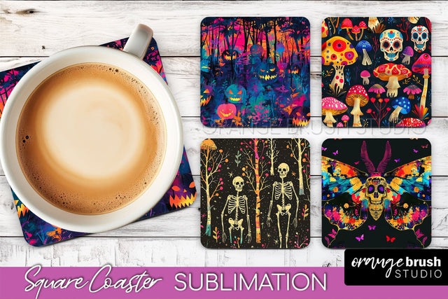 Neon Halloween Coasters - Spooky Square Coaster Sublimation Sublimation OrangeBrushStudio 