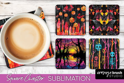 Neon Halloween Coasters - Spooky Square Coaster Sublimation Sublimation OrangeBrushStudio 