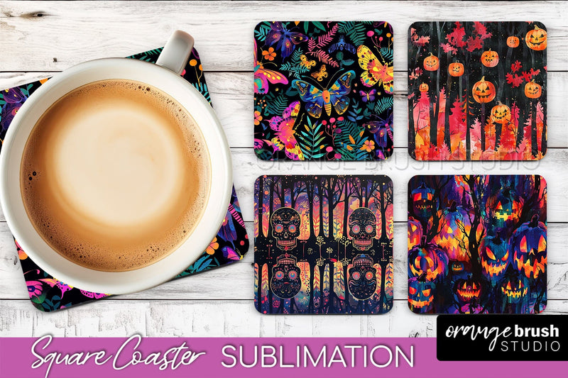 Neon Halloween Coasters - Spooky Square Coaster Sublimation Sublimation OrangeBrushStudio 