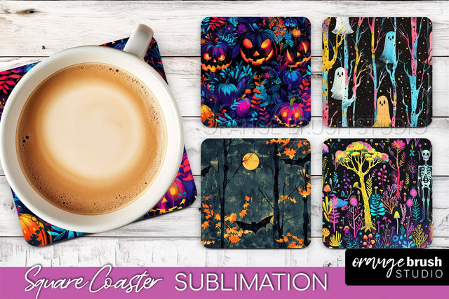Neon Halloween Coasters - Spooky Square Coaster Sublimation Sublimation OrangeBrushStudio 