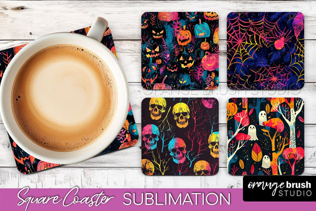 Neon Halloween Coasters - Spooky Square Coaster Sublimation Sublimation OrangeBrushStudio 