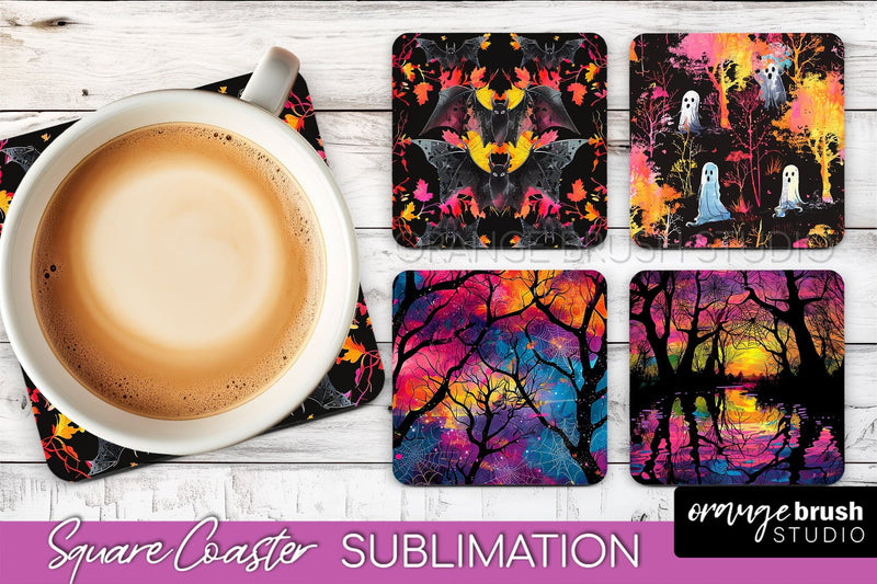 Neon Halloween Coasters - Spooky Square Coaster Sublimation Sublimation OrangeBrushStudio 