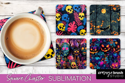 Neon Halloween Coasters - Spooky Square Coaster Sublimation Sublimation OrangeBrushStudio 