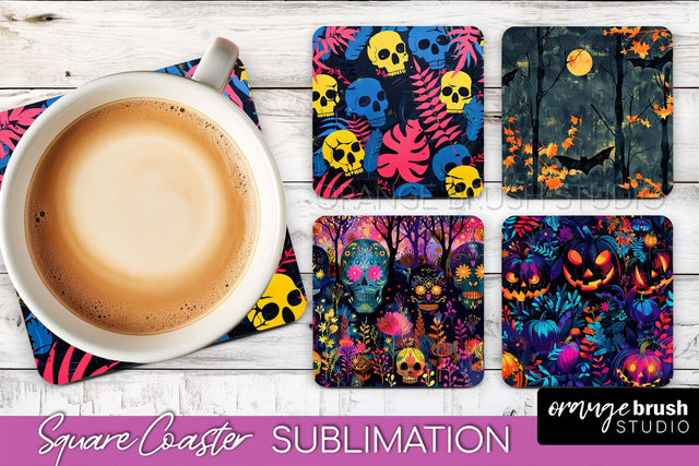 Neon Halloween Coasters - Spooky Square Coaster Sublimation Sublimation OrangeBrushStudio 