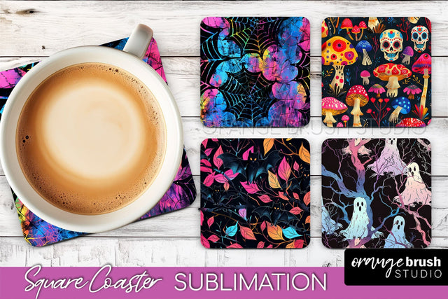 Neon Halloween Coasters - Spooky Square Coaster Sublimation Sublimation OrangeBrushStudio 