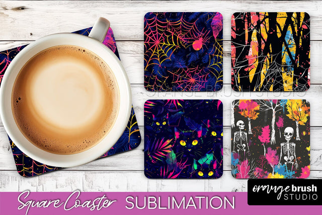 Neon Halloween Coasters - Spooky Square Coaster Sublimation Sublimation OrangeBrushStudio 