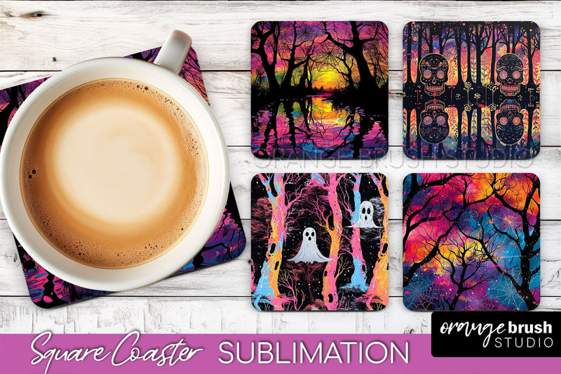 Neon Halloween Coasters - Spooky Square Coaster Sublimation Sublimation OrangeBrushStudio 