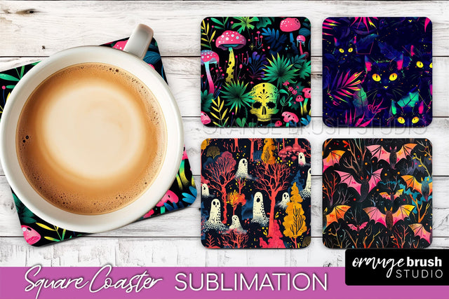 Neon Halloween Coasters - Spooky Square Coaster Sublimation Sublimation OrangeBrushStudio 