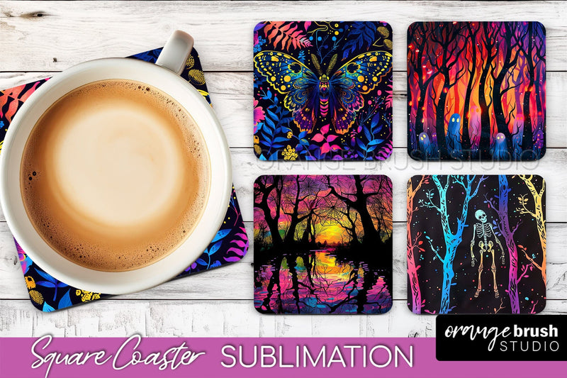 Neon Halloween Coasters - Spooky Square Coaster Sublimation Sublimation OrangeBrushStudio 