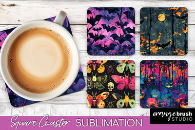 Neon Halloween Coasters - Spooky Square Coaster Sublimation Sublimation OrangeBrushStudio 