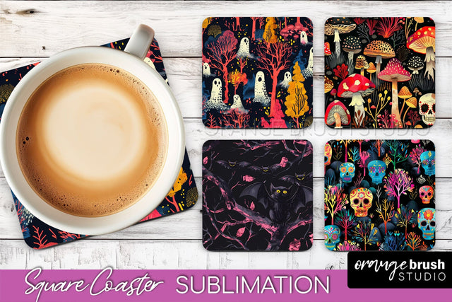 Neon Halloween Coasters - Spooky Square Coaster Sublimation Sublimation OrangeBrushStudio 