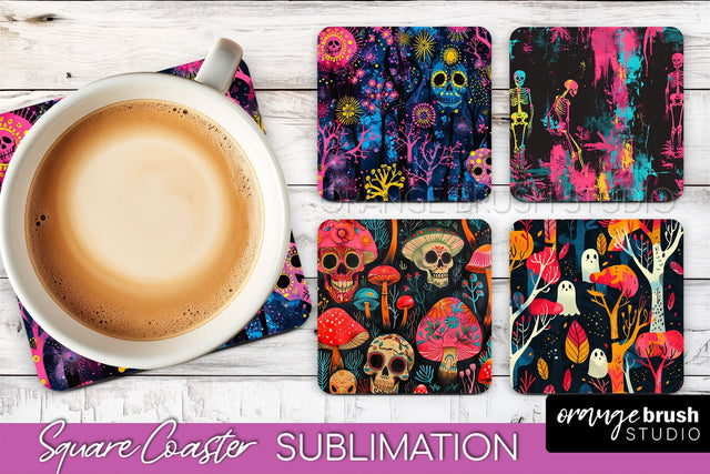 Neon Halloween Coasters - Spooky Square Coaster Sublimation Sublimation OrangeBrushStudio 